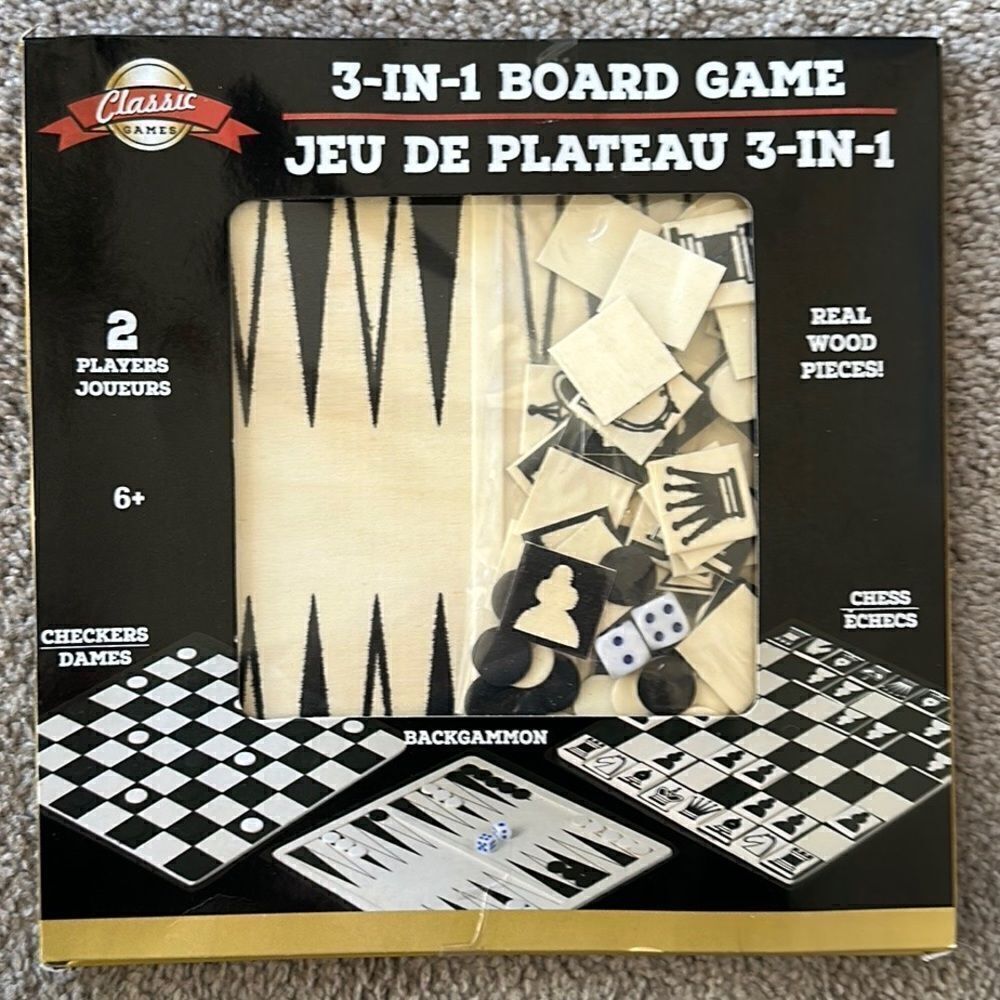 Classic Games 3 in 1 Board Game Set: Chess Checkers Backgammon Real Wood Pieces